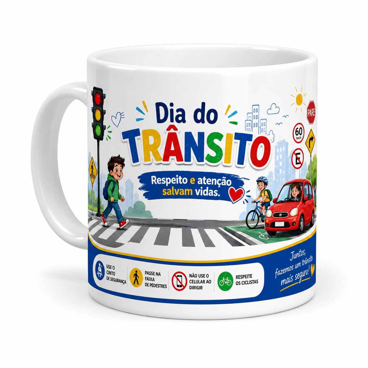 Caneca branca com frase , mensagem e logo