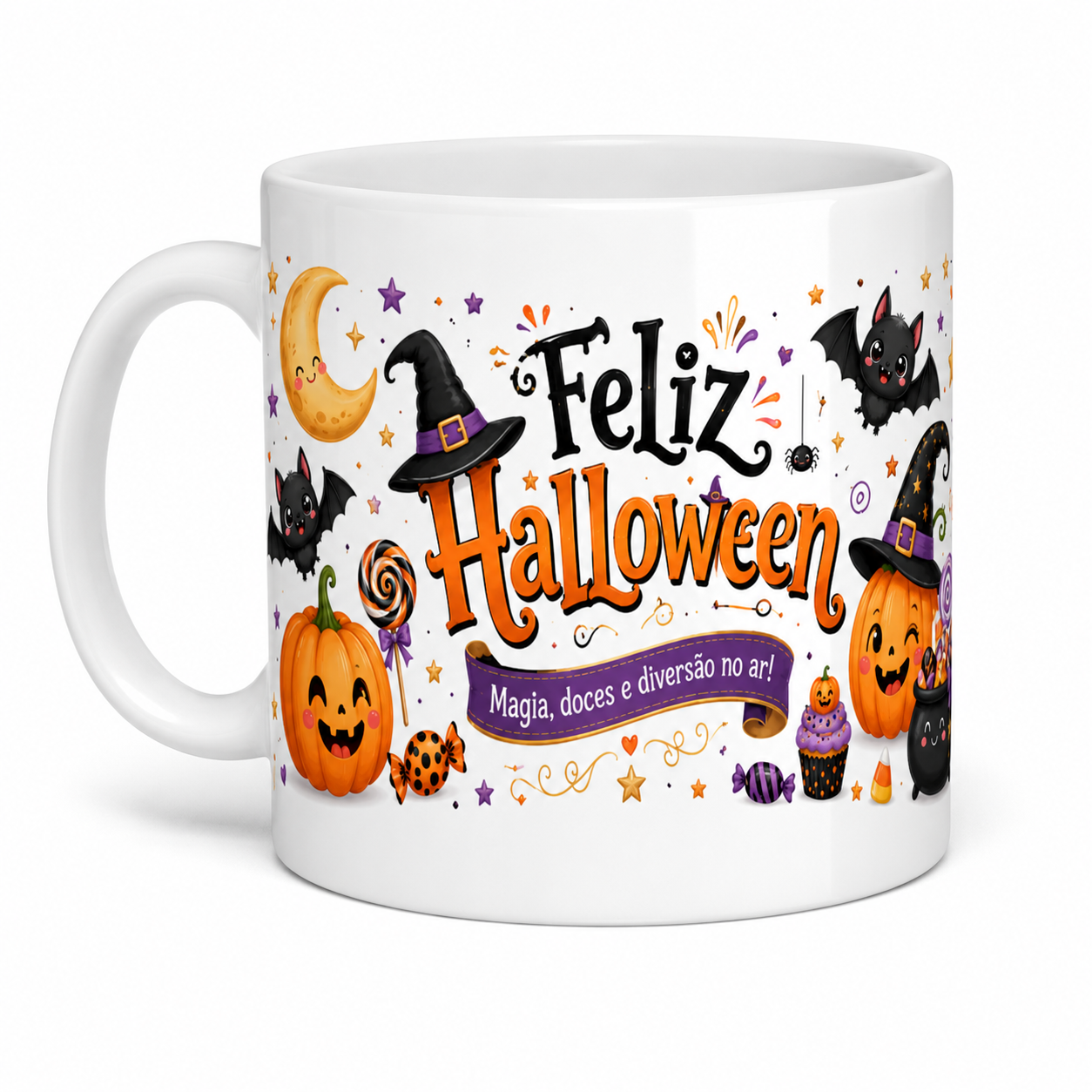 Caneca branca com frase, imagem e logo ( marca )